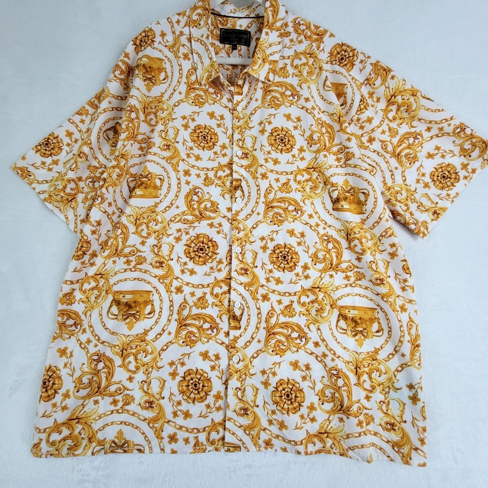 Baroque Gold Drill Clothing Button-up Shirt Mens Plus Sz 4x White All Over Print